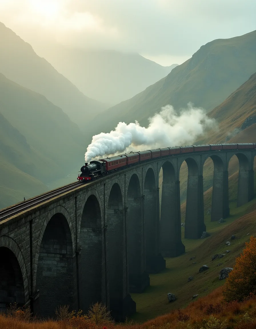 Escocia — el viaducto de Glenfinnan entre la niebla