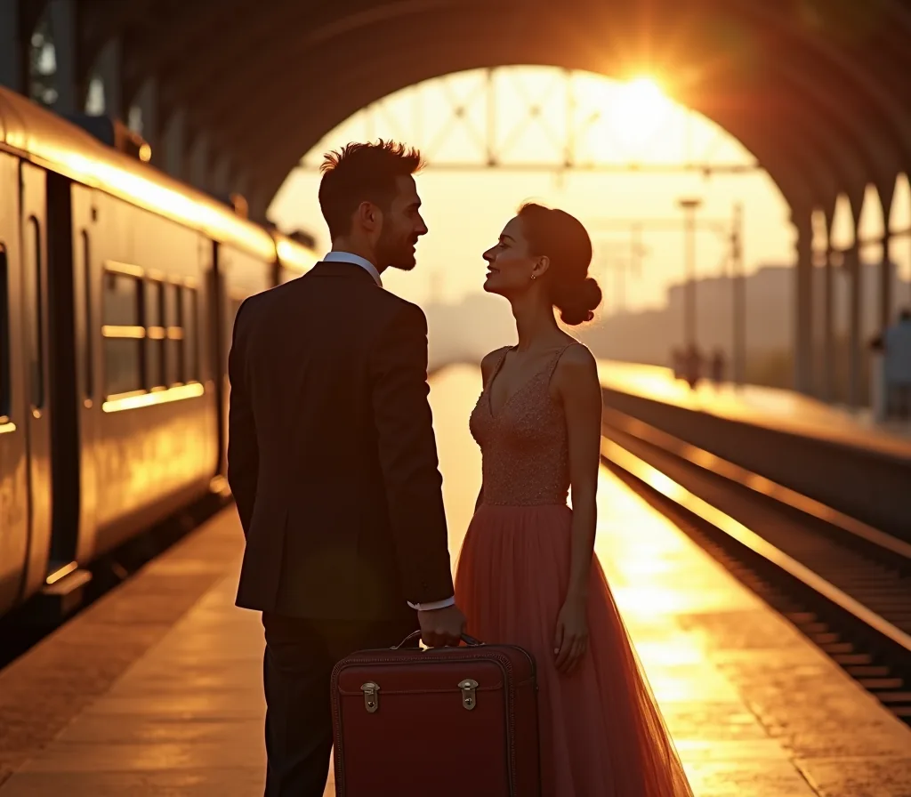 Viajeros partiendo en una estación europea al atardecer
